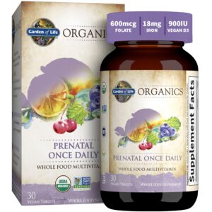 Garden of Life Organics Prenatal Vitamin: Folate for Energy & Healthy Fetal Development, Non-constipating Iron, Vitamin C, B6, B12, D3 – Organic, Non-GMO, Gluten-Free, Vegan, 30 Day Supply