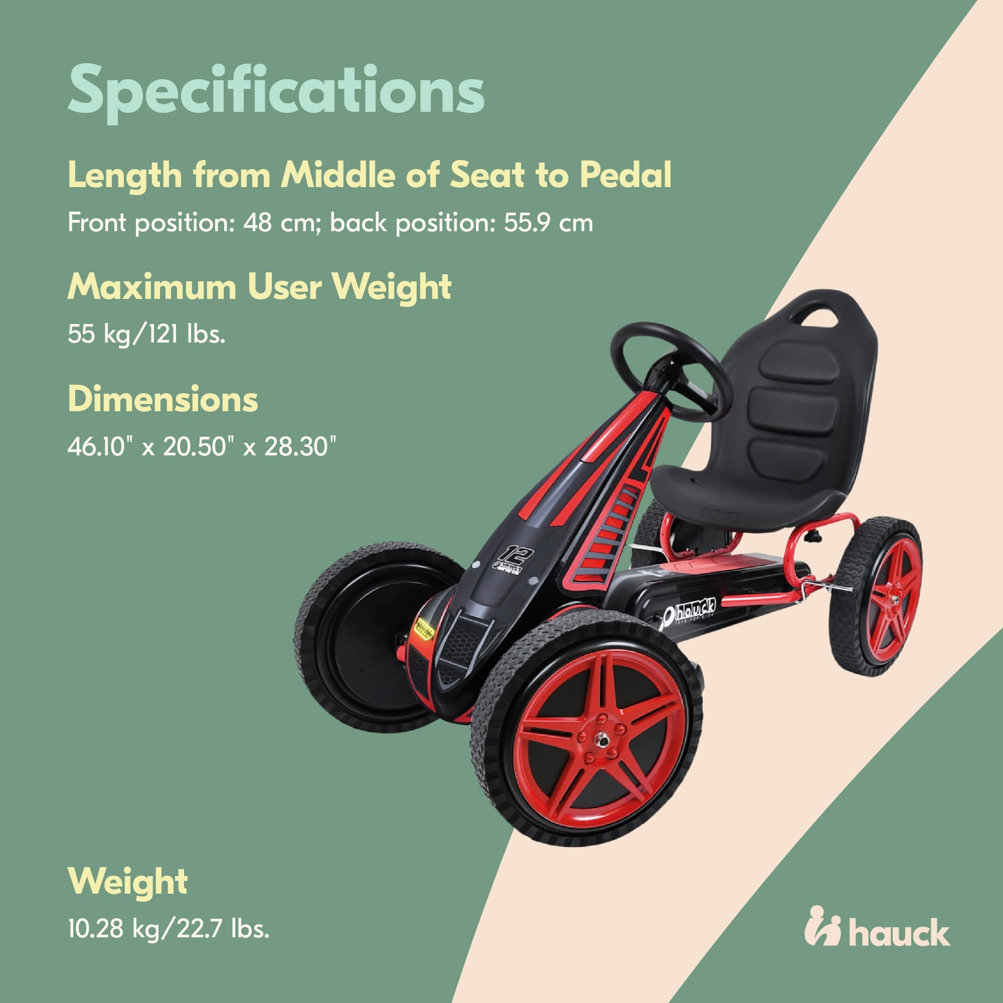 Hauck Hurricane Racing Go Kart w/ Low Profile Rubber Tires & Handbrake for Rear Wheels - Ride On Toy designed for Kids Ages 4-10 years