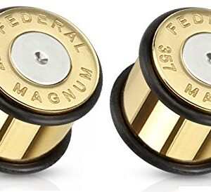 Pierced Owl Bullet 357 Magnum Gold Tone Large .357 Bullet Shell Ear Plugs with O-rings, Sold as a Pair (10mm (00GA))