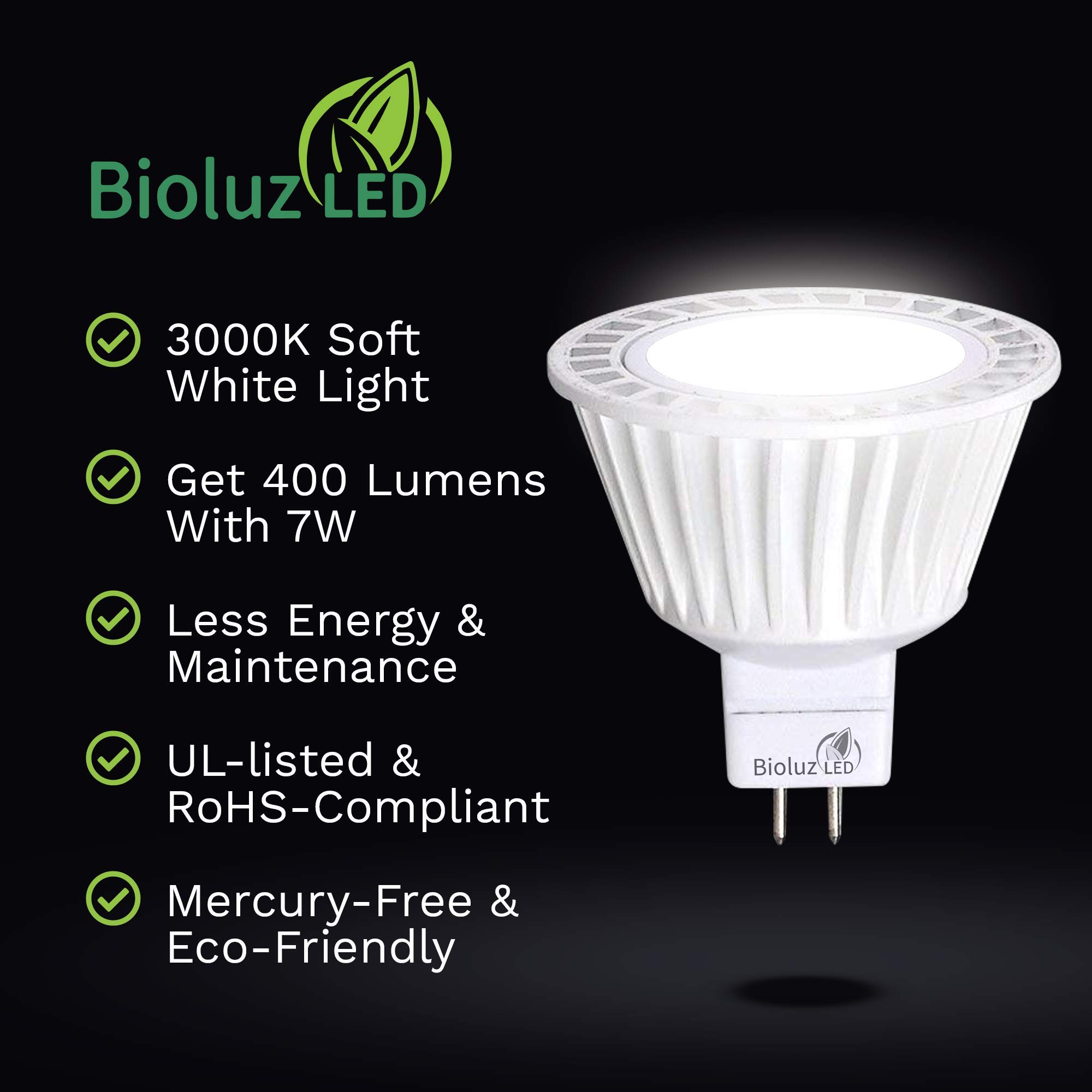 Bioluz LED 5 Pack MR16 LED Bulb Dimmable 50W Halogen Replacement 7w 3000K 12v AC/DC UL Listed High CRI