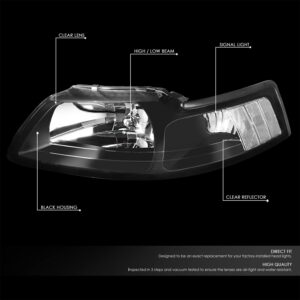 Auto Dynasty Factory Style Halogen Headlights Assembly Headlamp Kit Compatible with Ford Mustang 1999-2004 New Edge 4th Gen, Pair, Black Housing, Clear Lens