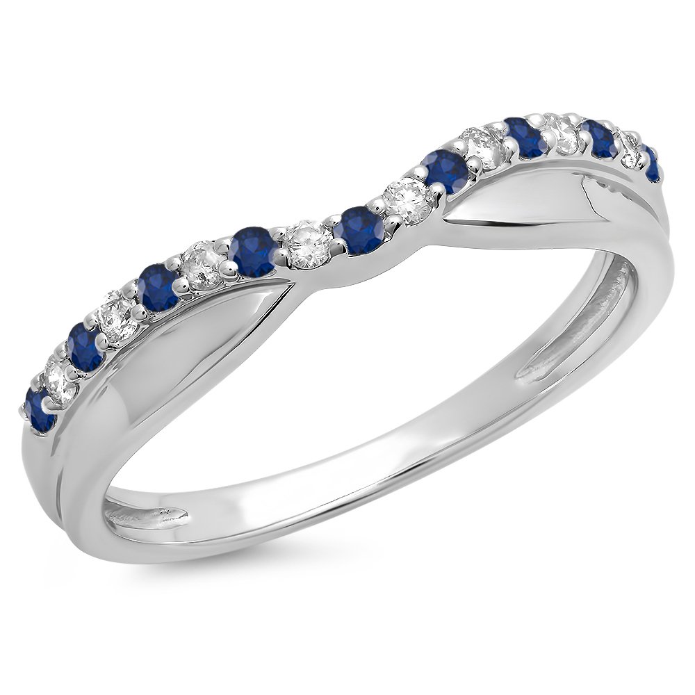 Dazzlingrock Collection Round Blue Sapphire & White Diamond Anniversary Wedding Contour Guard Band in 14K White Gold, Size 9