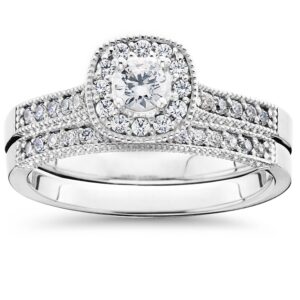 P3 POMPEII3 5/8Ct Diamond Bridal Vintage Engagement Ring Set 10K White Gold - Size 4.5