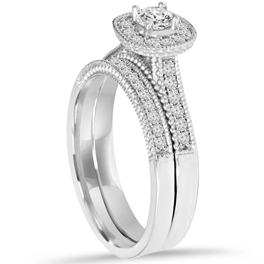 P3 POMPEII3 5/8Ct Diamond Bridal Vintage Engagement Ring Set 10K White Gold - Size 4.5