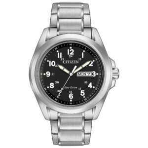 citizen men's eco-drive weekender garrison field watch in stainless steel, black dial, arabic markers, luminous, 43mm (model: aw0050-82e)