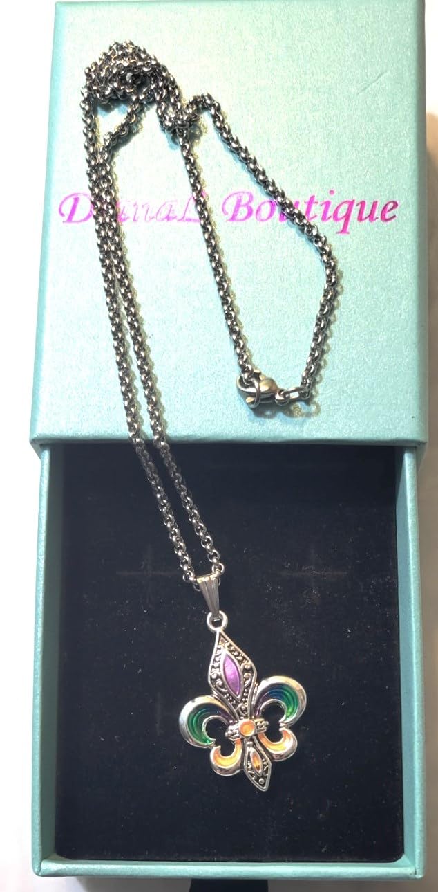 DianaL Boutique Fleur De Lis Mardi Gras Pendant Necklace with 18" Stainless Steel Chain Gift Boxed Fashion Jewelry