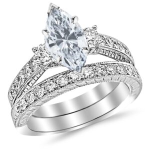 1.52 carat three stone vintage with milgrain & filigree bridal set with wedding band & marquise cut diamond engagement ring (d color si2 clarity center stones)