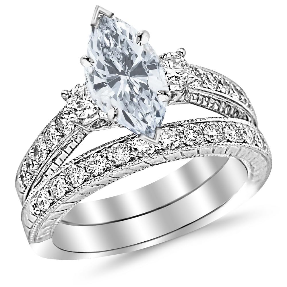 1.52 Carat Three Stone Vintage With Milgrain & Filigree Bridal Set with Wedding Band & Marquise Cut Diamond Engagement Ring (D Color SI2 Clarity Center Stones)