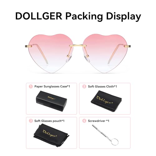 Dollger Pink Heart Sunglasses Women Rimless Heart shaped Sunglasses Cute Rave Metal Frame Festival Glasses