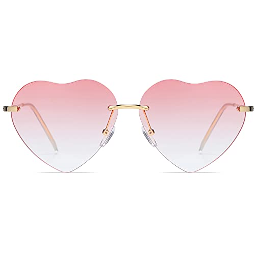 Dollger Pink Heart Sunglasses Women Rimless Heart shaped Sunglasses Cute Rave Metal Frame Festival Glasses