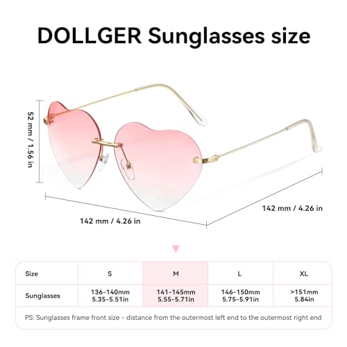 Dollger Pink Heart Sunglasses Women Rimless Heart shaped Sunglasses Cute Rave Metal Frame Festival Glasses