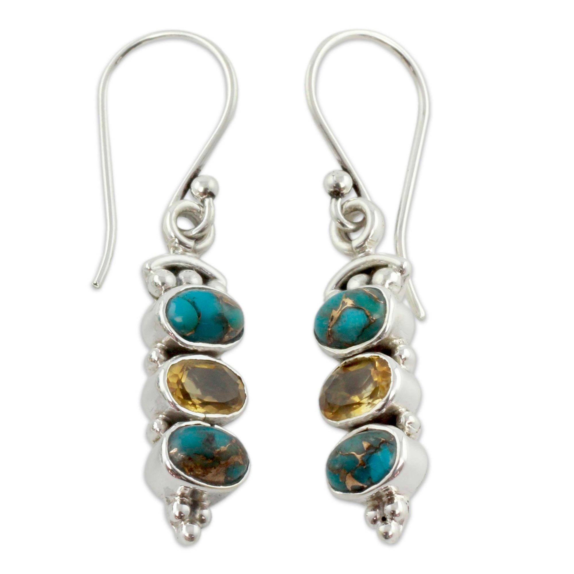 NOVICA Artisan Handcrafted Citrine Dangle Earrings | Turquoise Sterling Silver Earrings | Natural Stone Dangle Earrings For Women | Genuine Turquoise Dangle Earrings | French Wire Dangle Earrings