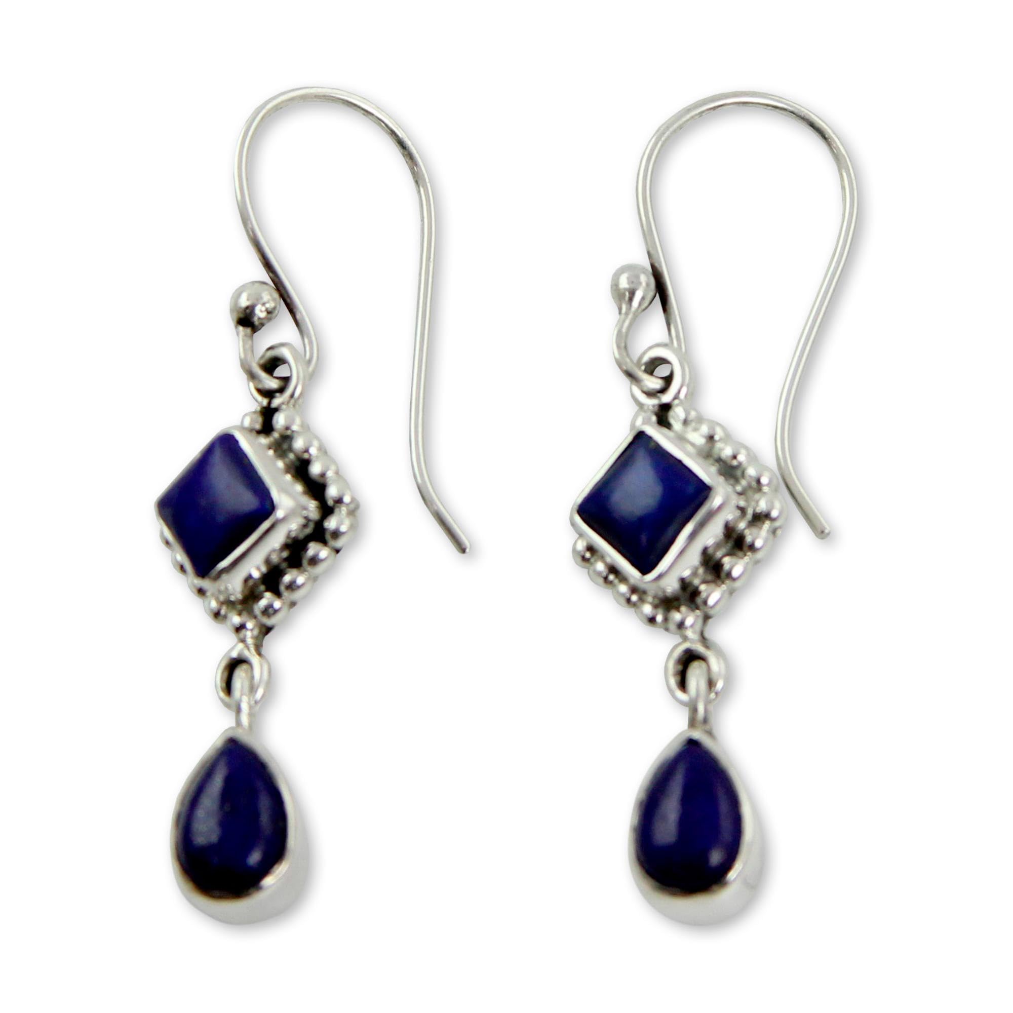 NOVICA Artisan Handmade Lapis Lazuli Dangle Earrings Sterling Silver India Blue Royal Classic Reflecting Pond Snorkel Birthstone [1.6 in L x 0.4 in W] ' Queen of Diamonds'