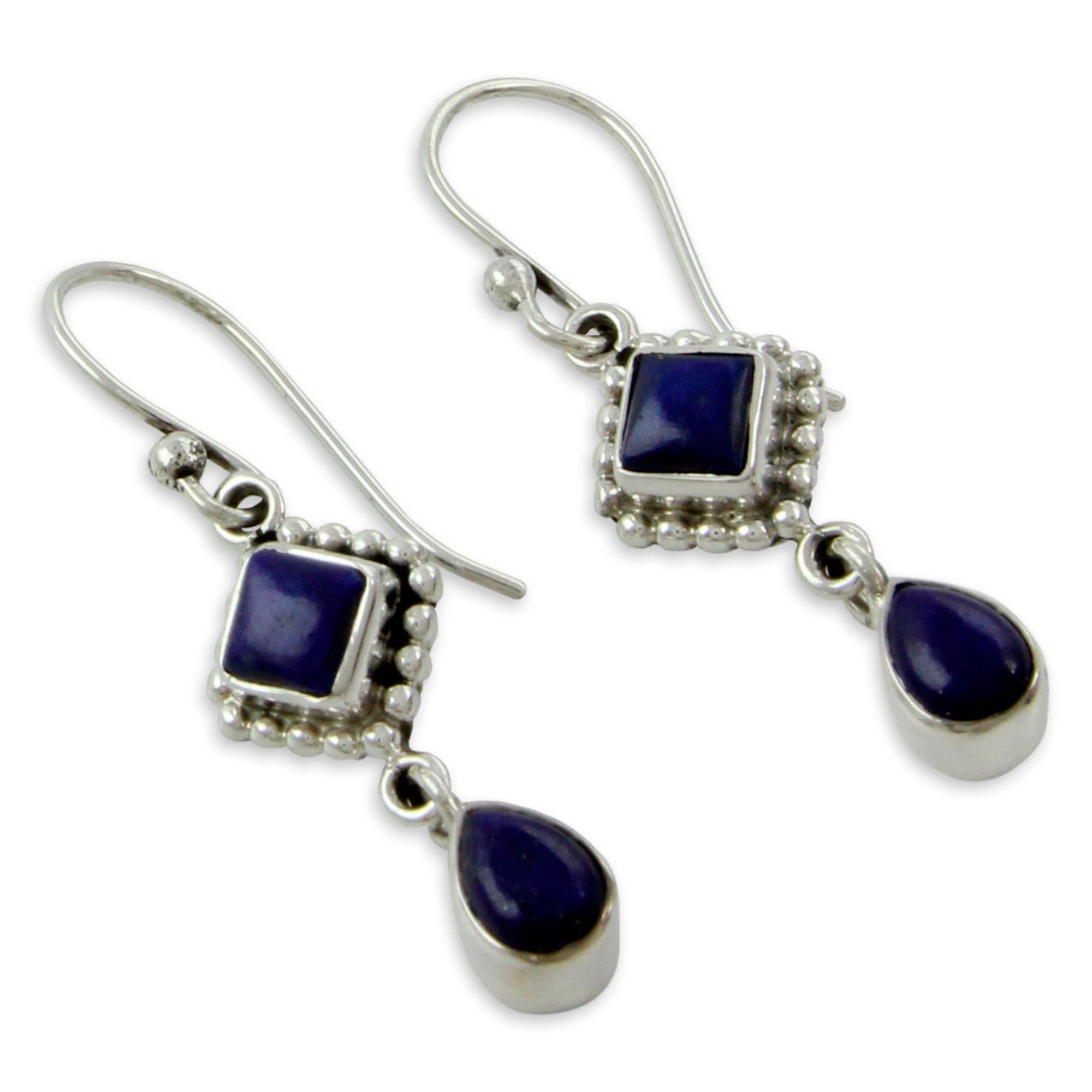 NOVICA Artisan Handmade Lapis Lazuli Dangle Earrings Sterling Silver India Blue Royal Classic Reflecting Pond Snorkel Birthstone [1.6 in L x 0.4 in W] ' Queen of Diamonds'