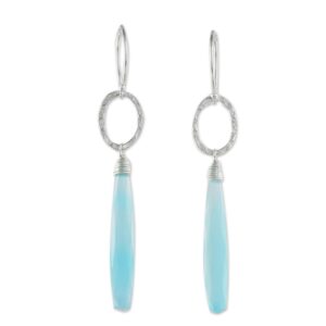 novica artisan handmade blue chalcedony dangle earrings with hammered silver sterling thailand [2.4 in l x 0.5 in w] ' exhilarated'