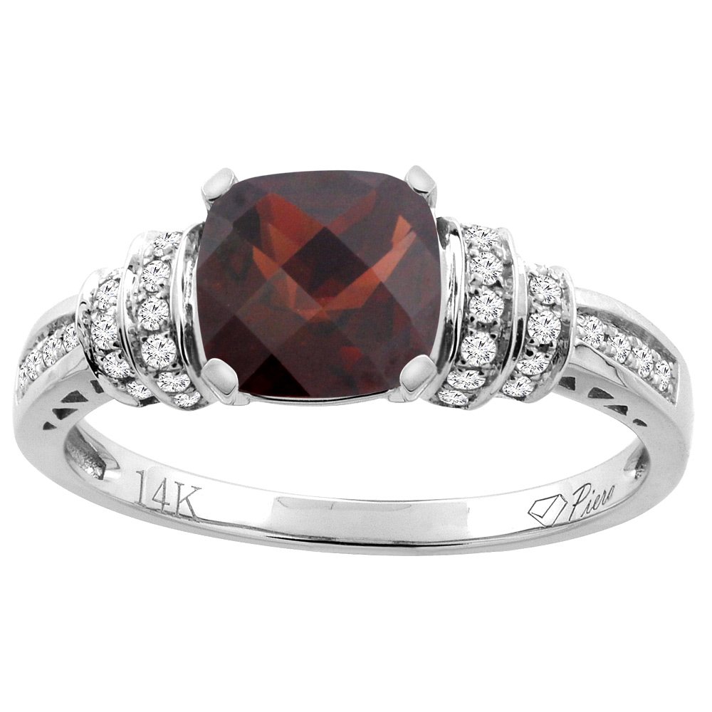 PIERA 14K White Gold Natural Garnet Ring Cushion Cut 7x7 mm Diamond Accents, size 7