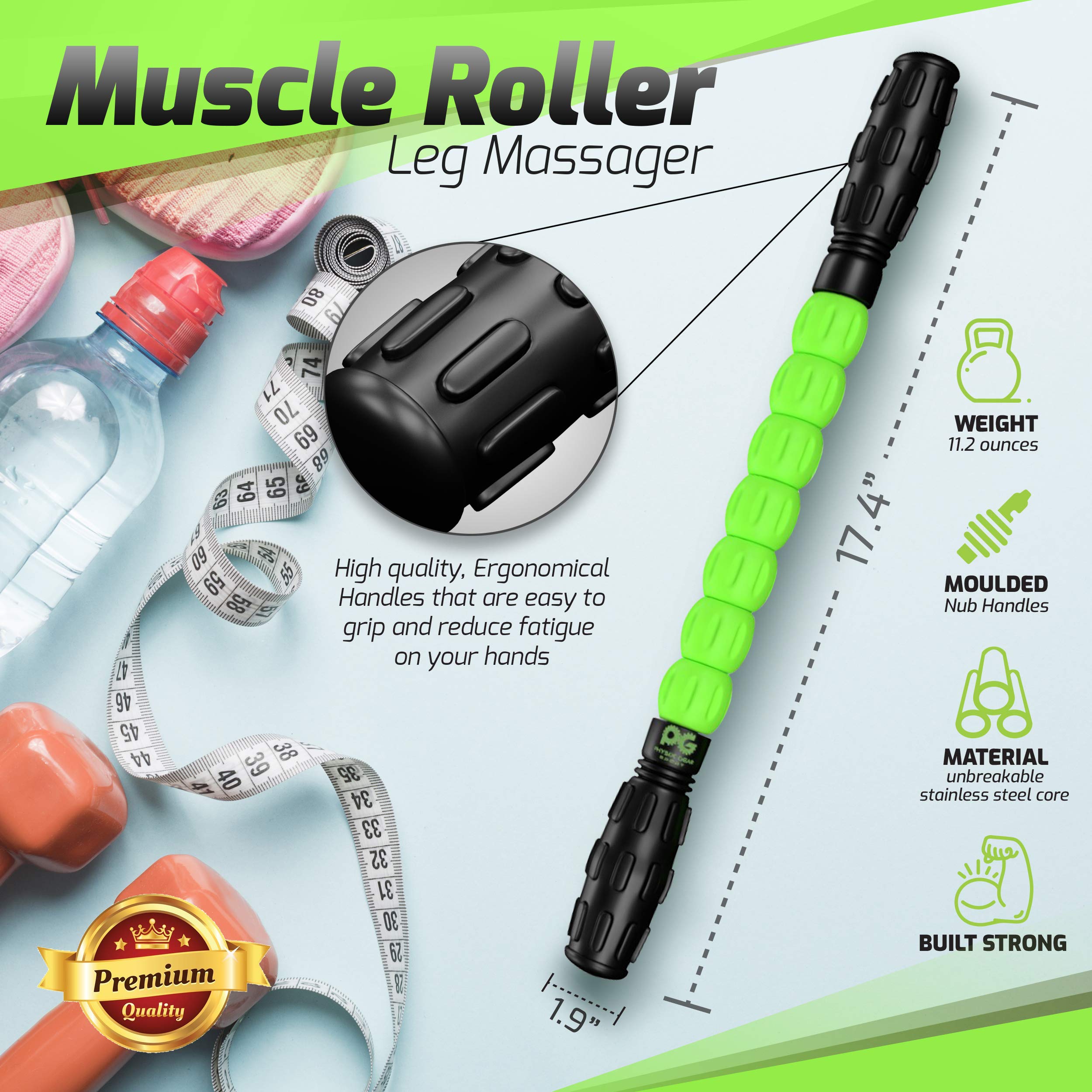 Massage Roller Stick Pro - Best Body Roller for Muscles Deep Tissue, Sore Calf, Cramps, Back Tightness, Knots, Myofascial Release, Physical Therapy, Recovery - Muscle Roller Stick for Athletes (Green)