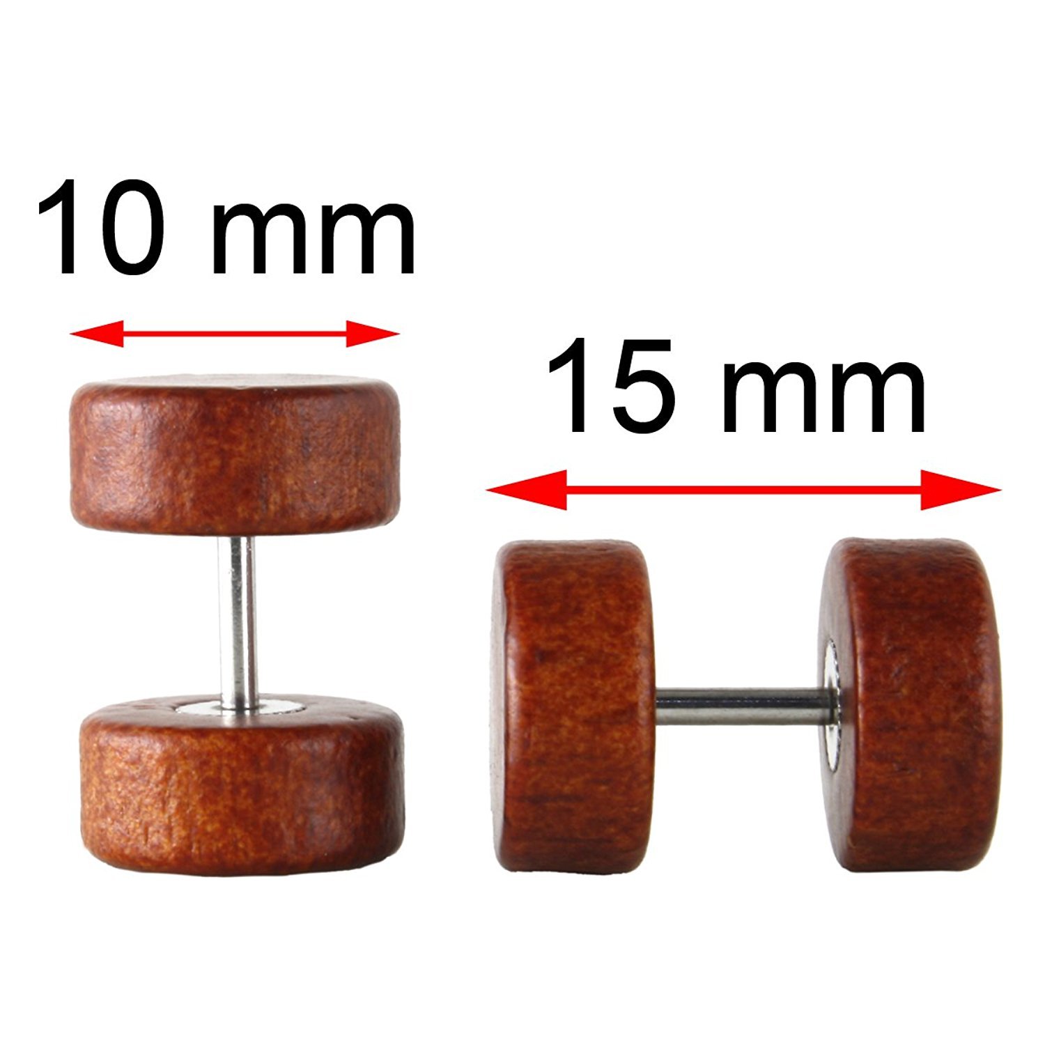 JewelrieShop Fake Plugs Wood Stud Earrings Fake Gauge Natural Wood Cheater Plugs Faux Gauges Earrings for Men Women (8-10mm, 17 Gauges)