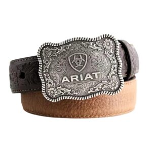 ariat boy's western belt - distressed brown leather with antiqued silver buckle and floral accents - brown, size 20