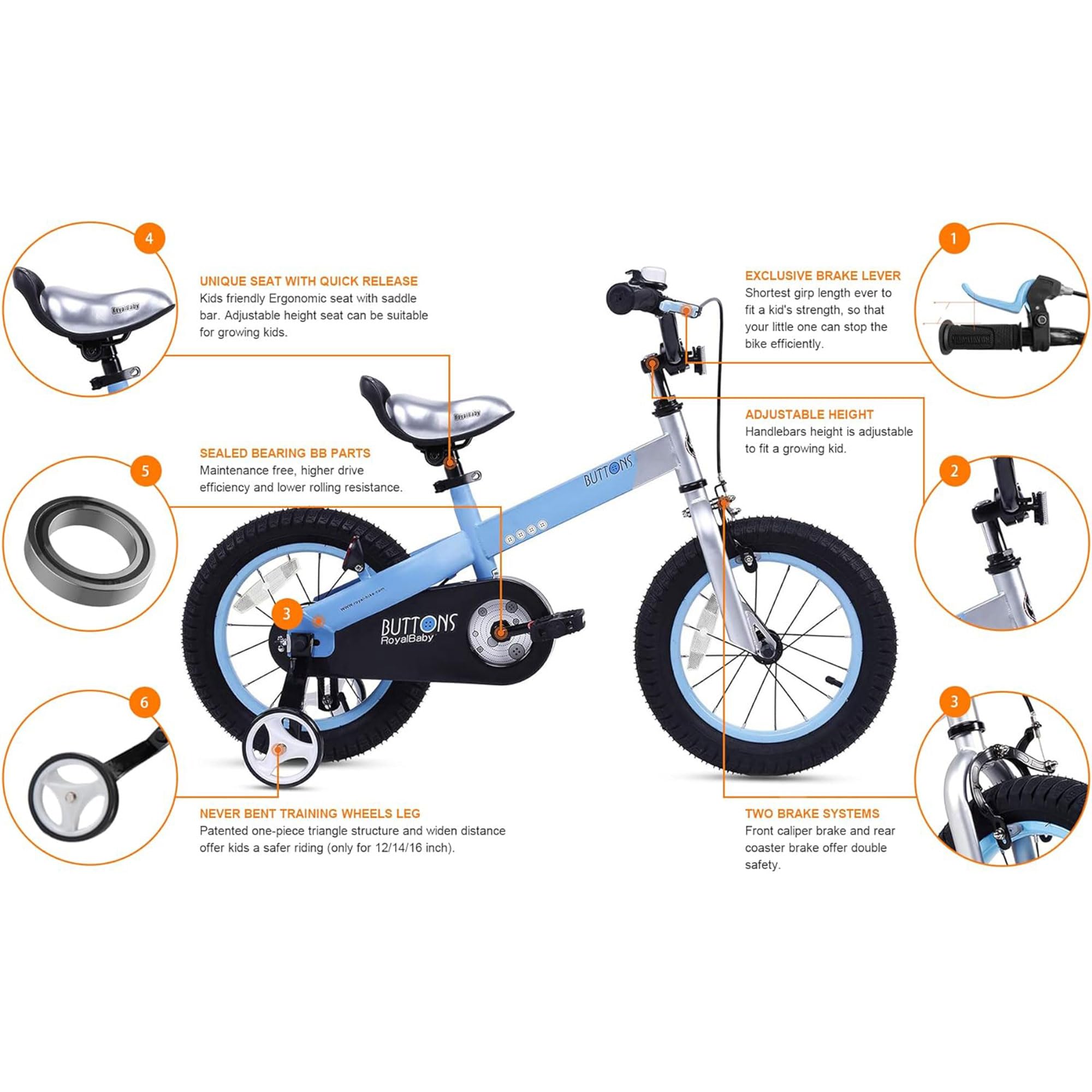 RoyalBaby Boys Girls Kids Bike 14 Inch Matte Button Bicycles with Training Wheels Child Bicycle Blue