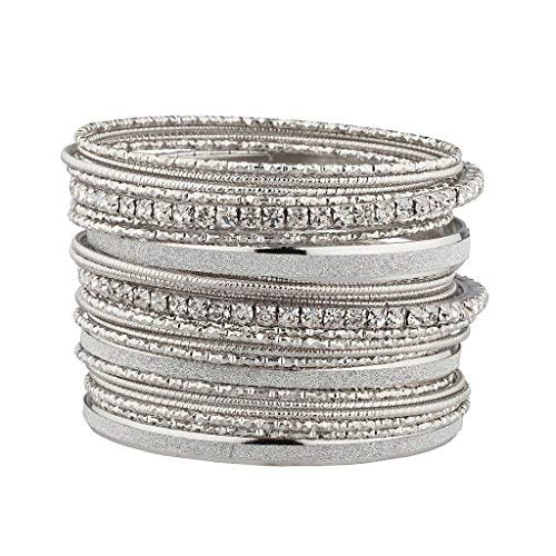 LUX ACCESSORIES Glitter Sparkle Mixed Metal Pave Crystal Textured Multiple Bangle Set