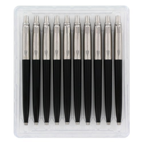 Parker Jotter Standard Black Retractable Ballpoint Pen, Blue Ink, 10/Pack by Parker