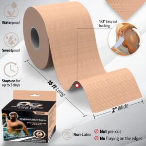 Physix Gear Kinesiology Tape Pro - Waterproof Physio Sports Tape for Pain & Injuries, Pregnancy, Muscle, Knee, Joint Support, Swelling, Strain Relief, Enhanced Blood Circulation (Beige, 1 Roll)