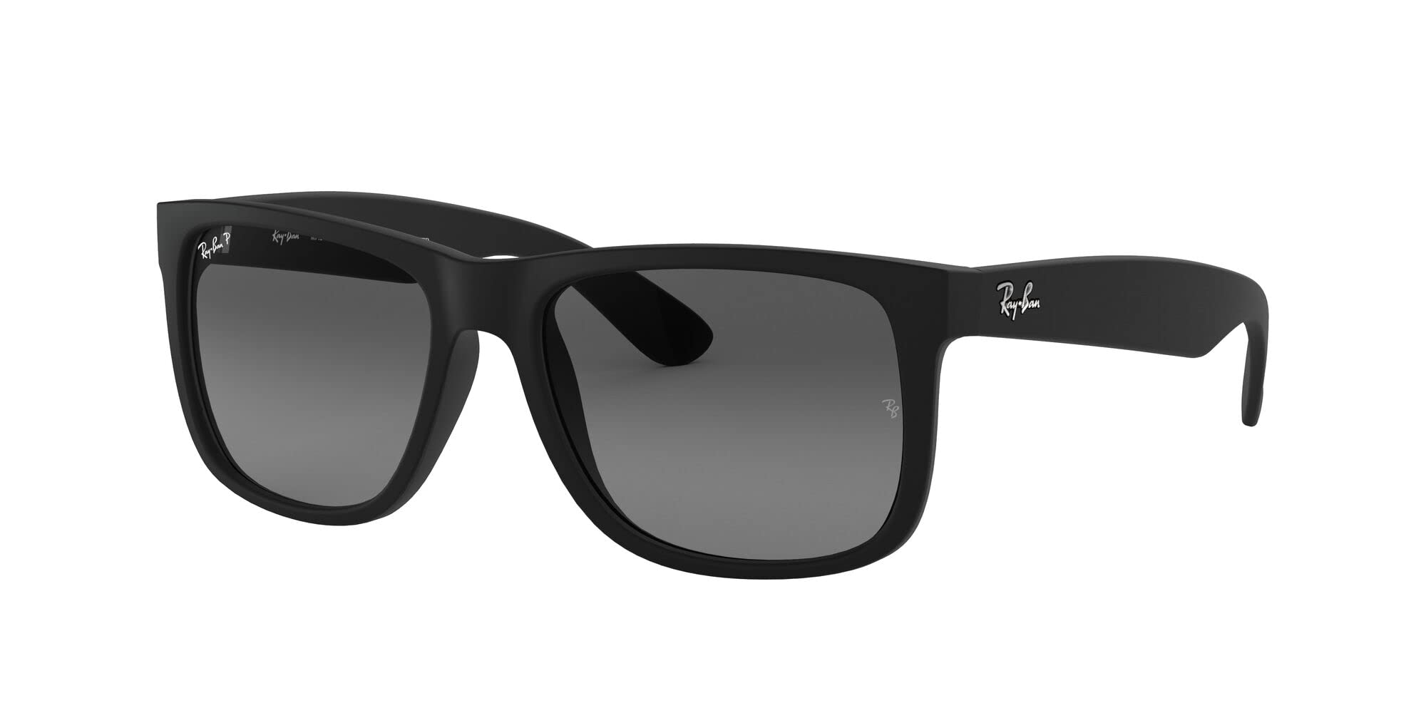 Ray-Ban RB4165F Justin Low Bridge Fit Rectangular Sunglasses, Rubber Black/Polarized Light Grey Gradient Grey, 55 mm