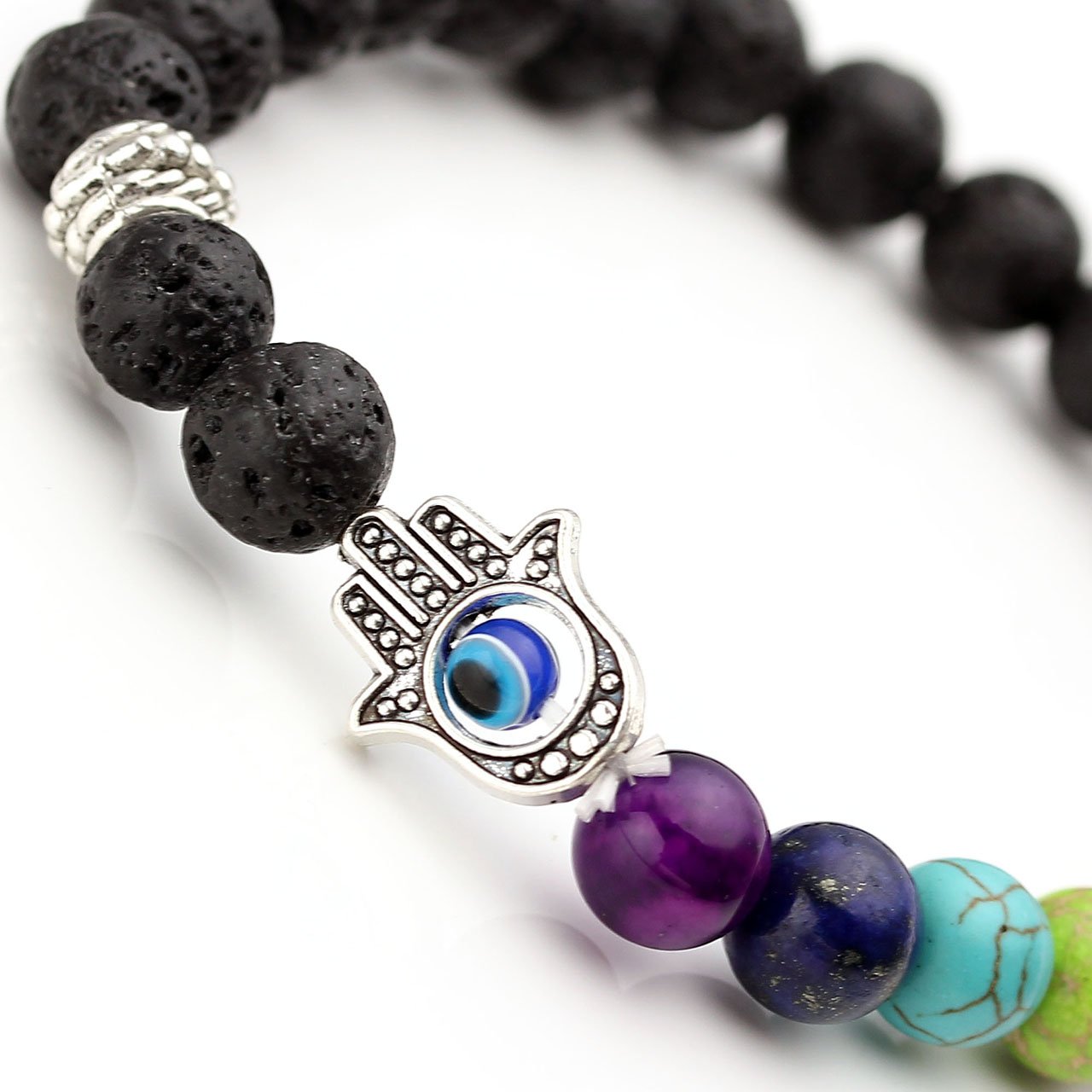 Jovivi 7 Chakras Gemstone Beaded Crystal Bracelet Hamsa Hand Evil Eye Natural Lava Rock Stone Essention Oils Diffuser Reiki Healing Balancing Round Beads Bracelet