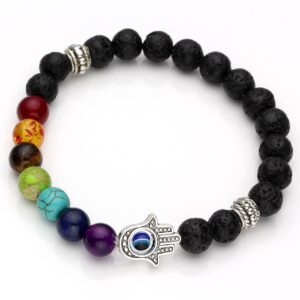 Jovivi 7 Chakras Gemstone Beaded Crystal Bracelet Hamsa Hand Evil Eye Natural Lava Rock Stone Essention Oils Diffuser Reiki Healing Balancing Round Beads Bracelet