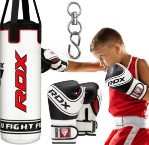 rdx kids punching bag 2ft with punch gloves, heavy filled boxing set, non tear maya hide leather junior hanging bag, kickboxing mma grappling muay thai taekwondo karate bjj workout training