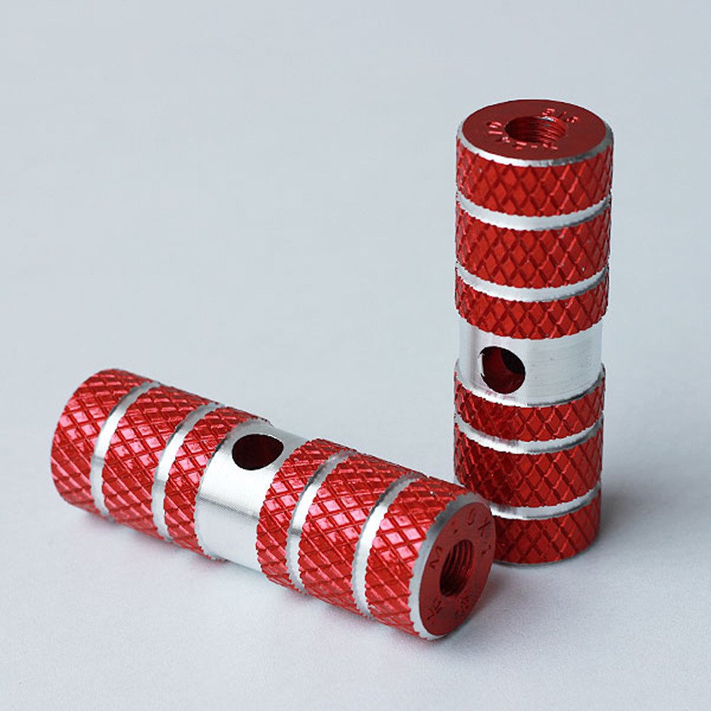 QQ Studio 1 Pair of Cylindrical Diamond-Patterned Red Metallic Alloy Kid-Sized Foot Pegs Fits Many Standard BMX Trick Mountain Bikes (2.64in Long, 0.35in Diameter Hole, 0.9in Wide)