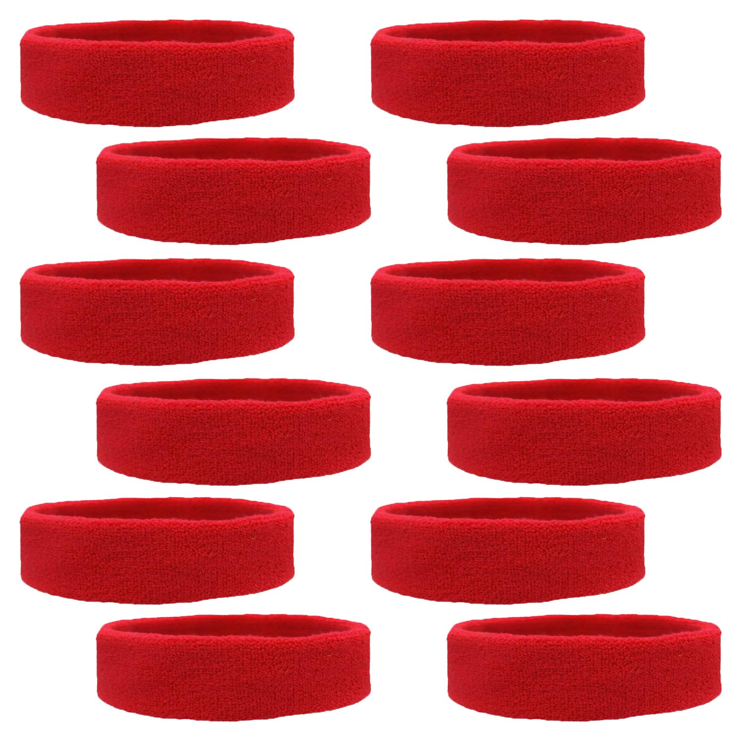 12 Sweatbands Cotton Sports Headbands Terry Cloth Moisture Wicking Athletic Basketball Headband by Kenz Laurenz (12 Pack) (Red 12 Pack)