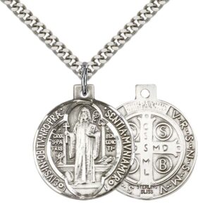 f a dumont sterling silver st. benedict 7/8 x 3/4-inch pendant for men or women on a 24-inch light rhodium heavy curb chain