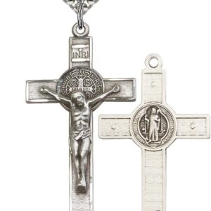 Sterling Silver St. Benedict Crucifix Pendant with 24" Stainless Steel Heavy Curb Chain. Patron Saint of Monks/Poison Sufferers