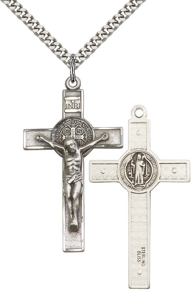 Sterling Silver St. Benedict Crucifix Pendant with 24" Stainless Steel Heavy Curb Chain. Patron Saint of Monks/Poison Sufferers