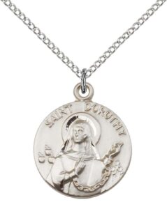 f a dumont sterling silver st. dorothy pendant with 18" stainless steel lite curb chain. patron saint of florists/brides