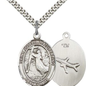 F A Dumont Sterling Silver St. Joseph of Cupertino Pendant with 24" Stainless Steel Heavy Curb Chain. Patron Saint of Pilots/Airforce