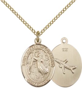 f a dumont 14kt gold filled st. joseph of cupertino pendant with 18" gold filled lite curb chain. patron saint of pilots/airforce