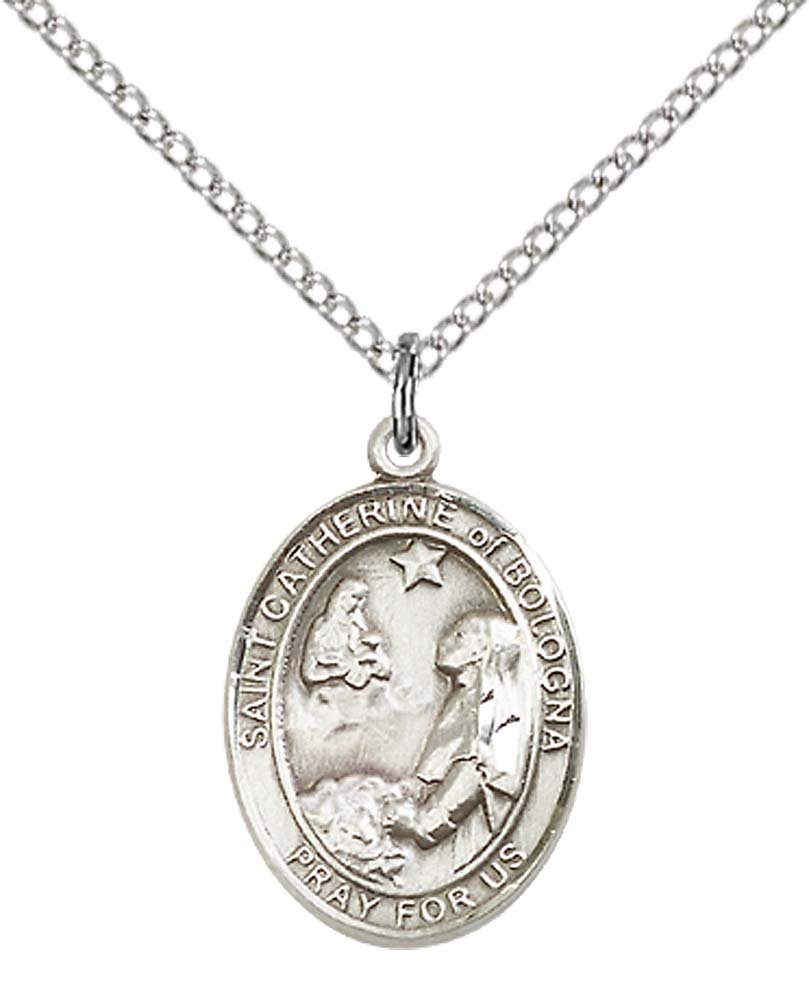 Sterling Silver St. Catherine of Bologna Pendant with 18" Stainless Steel Lite Curb Chain. Patron Saint of Artists/Liberal Arts