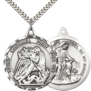 F A Dumont Sterling Silver St. Michael The Archangel Pendant with 24" Stainless Steel Heavy Curb Chain. Patron Saint of Police Officers/EMTs