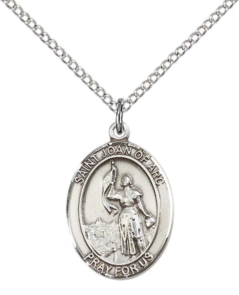 Sterling Silver St. Joan of Arc Pendant with 18" Stainless Steel Lite Curb Chain. Patron Saint of Soldiers/France