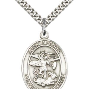 F A Dumont Sterling Silver St. Michael Pendant with 24" Stainless Steel Heavy Curb Chain. Patron Saint of Police Officers/EMTs