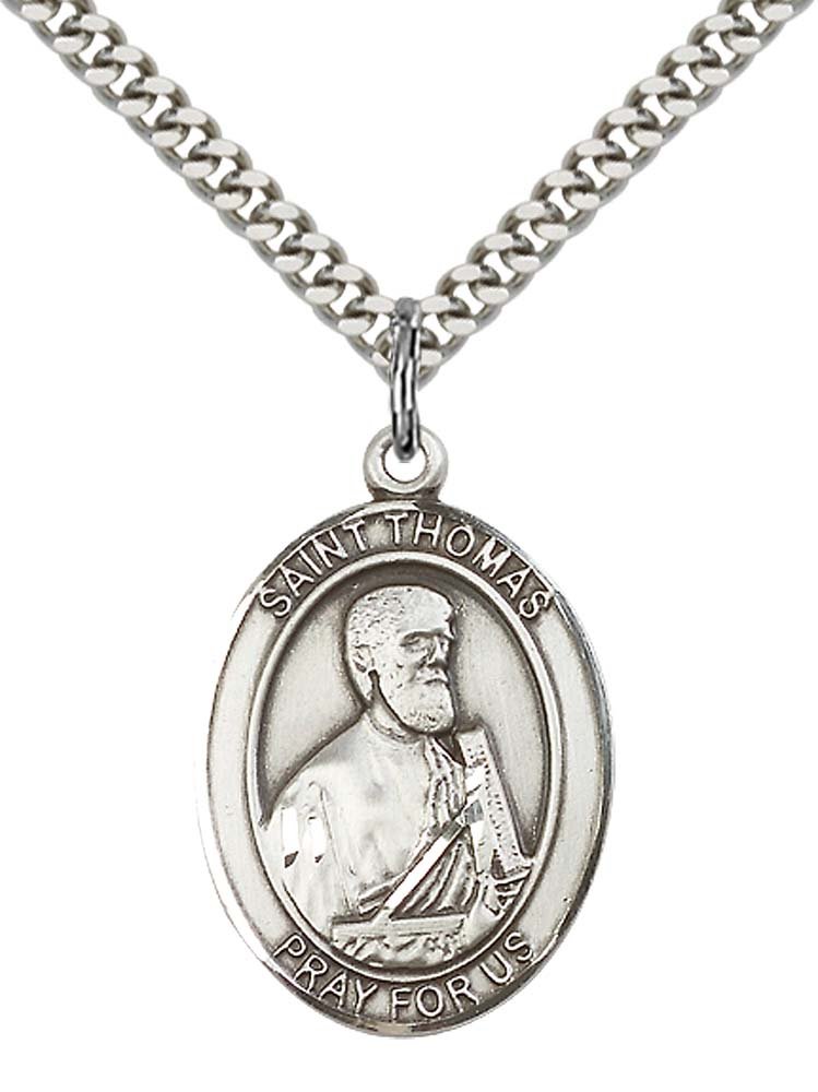 F A Dumont Sterling Silver St. Thomas The Apostle Pendant with 24" Stainless Steel Heavy Curb Chain. Patron Saint of Architect/Blind People