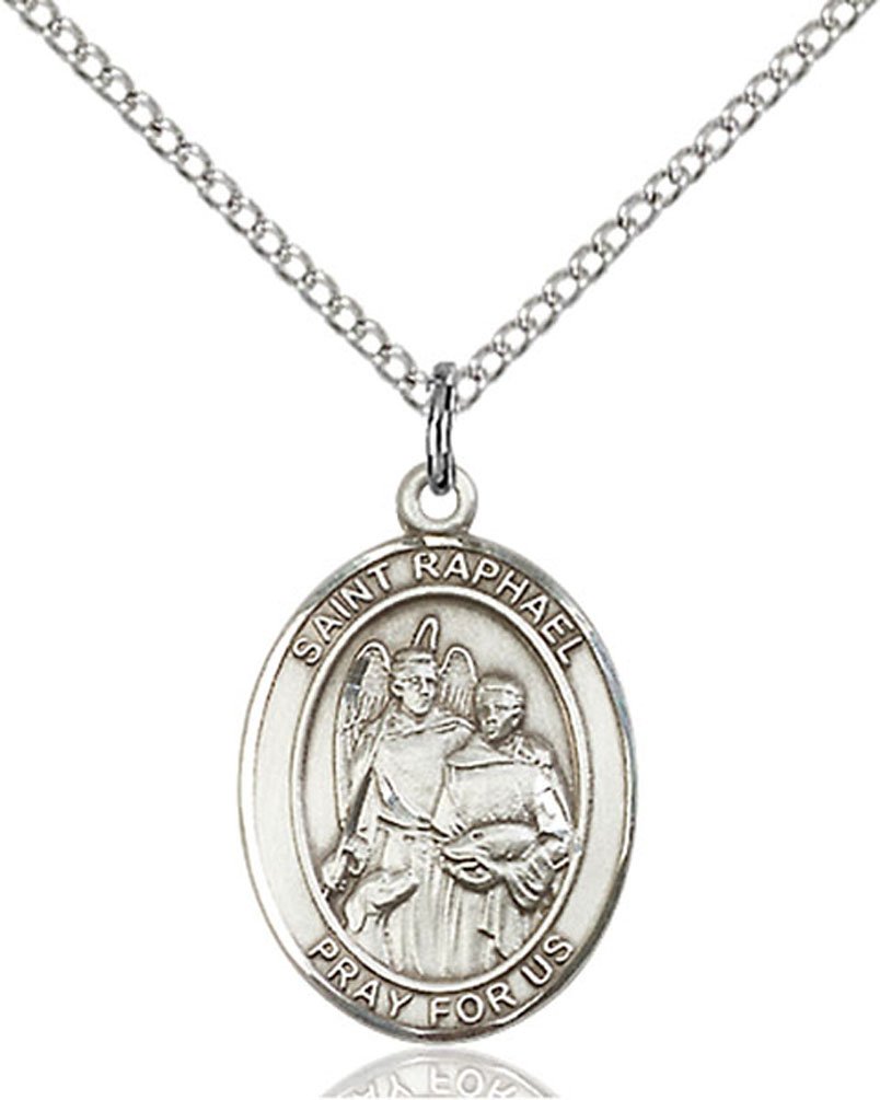 F A Dumont Sterling Silver St. Raphael The Archangel Pendant with 18" Stainless Steel Lite Curb Chain. Patron Saint of Blind/Love/Safe Journey