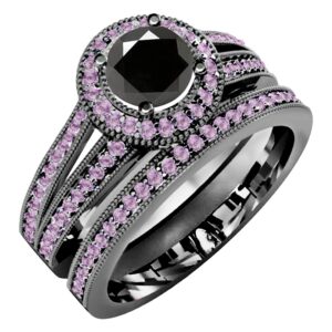 Dazzlingrock Collection Black Rhodium Plated 10K Round Amethyst & Black Diamond Halo Wedding Ring Set in 10K White Gold, Size 7