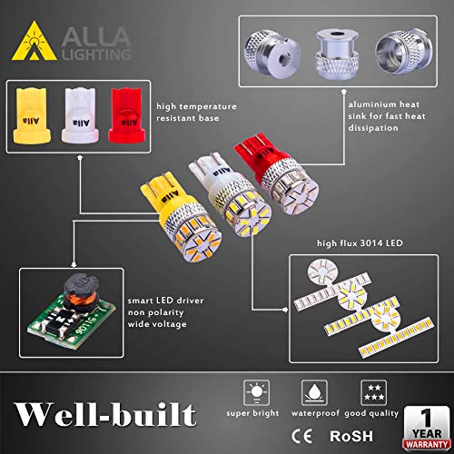 Alla Lighting T10 Wedge 168 194 LED Bulbs, Amber Yellow Super Bright 360° Side Marker Lights, Interior Map, Dome, Trunk Lamps W5W 2825 175, 3014 18-SMD 12V Replacement for Cars, Trucks