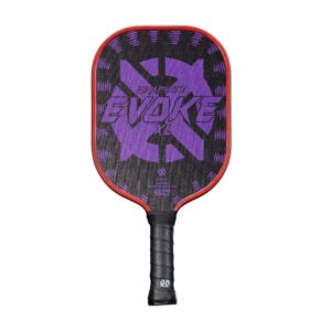 onix graphite evoke xl pickleball paddle features polypropylene core, graphite face, and oversized shape, purple