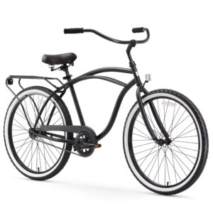 sixthreezero around the block men's beach cruiser bike, single speed step-through touring hybrid bicycle with rear rack, 26 inch wheels, matte black