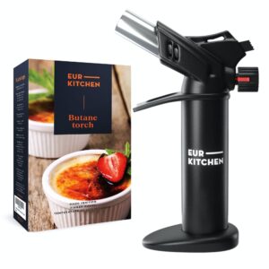 eurkitchen large culinary butane torch with safety lock, adjustable flame, finger guard- refillable kitchen blow torch lighter for creme brulee, bbq, baking, soldering, crafts- butane gas not included